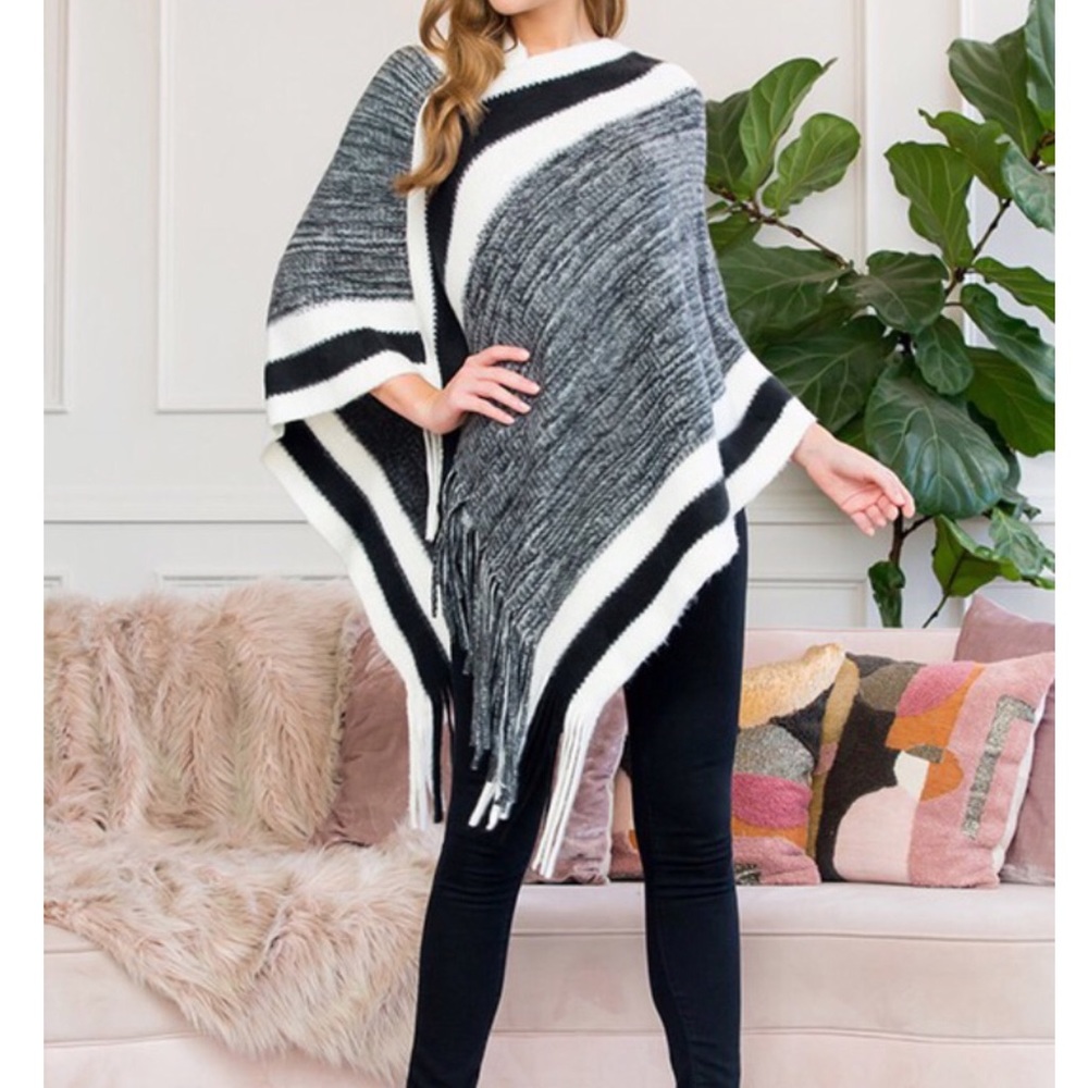 Black Striped Fringe Poncho - OS - NWT